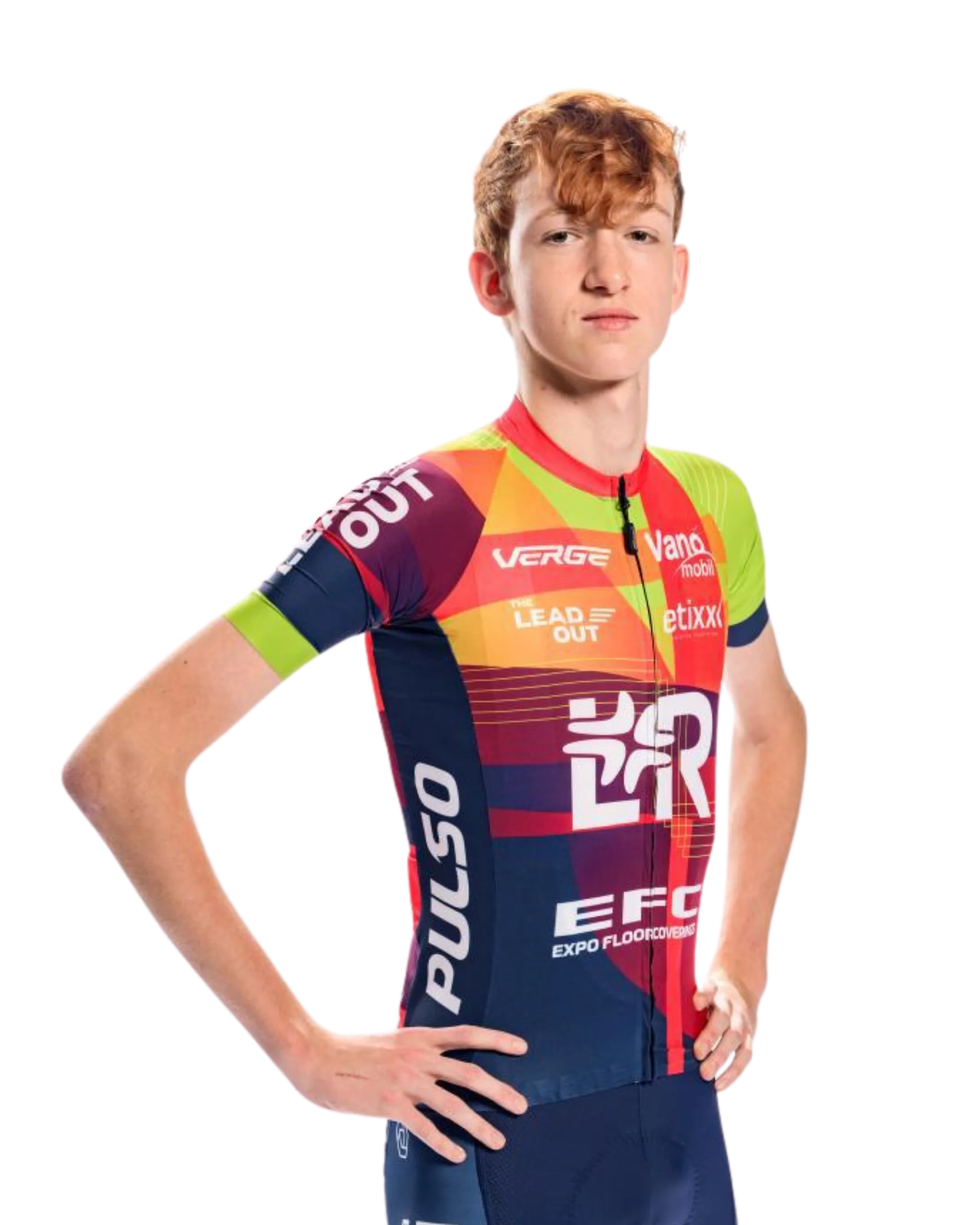 Xander Claeys in team race kit, hands on hips