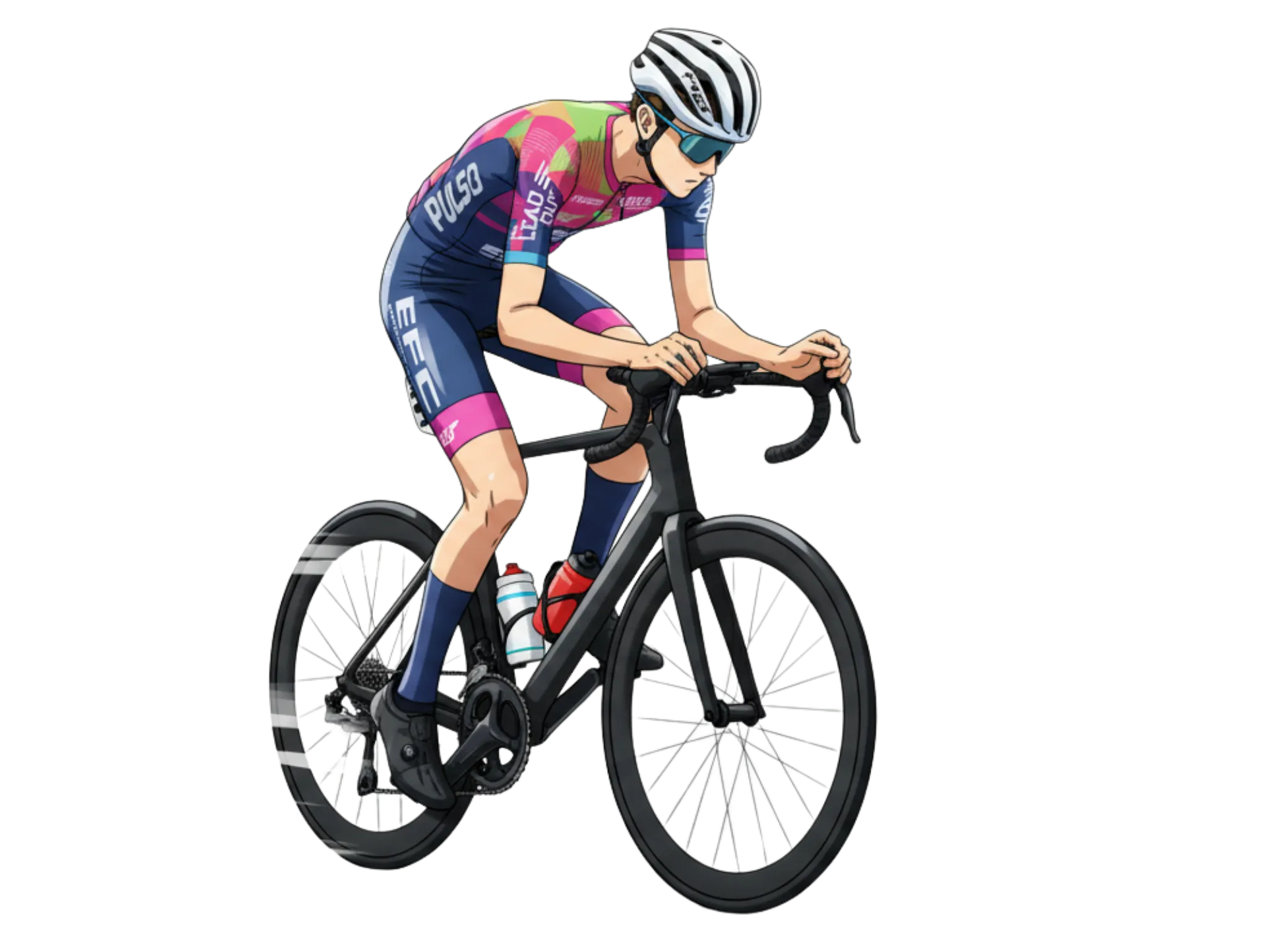 Illustration of Xander riding in team kit, head down on the drops.